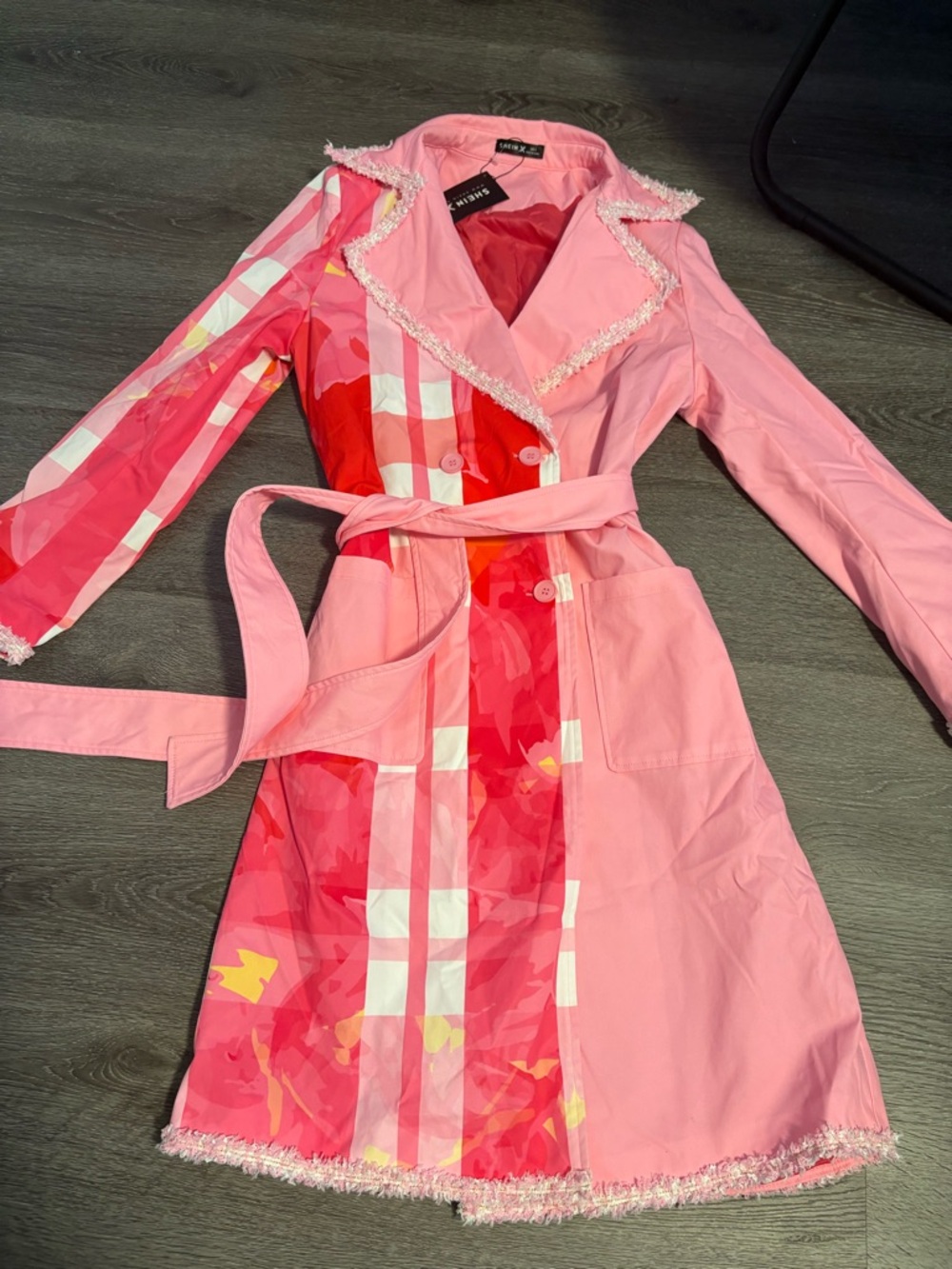 SHEIN Pink Mixed-Pattern Trench Coat with Fringe Trim